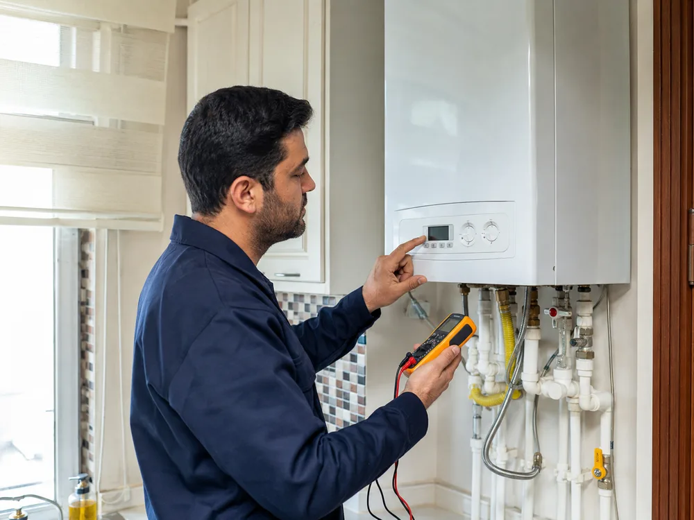 Kombi bağlantılarını kontrol eden teknik servis çalışanı